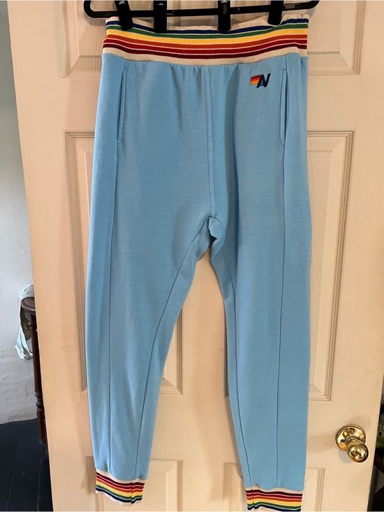 Aviator Nation Pants - Aviator Nation Rainbow Stripe Joggers Sky Blue Retro Sweatpants Large